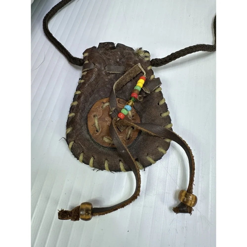VTG Native American Leather Medicine Bag Beads Tribal Necklace Rawhide Stitching